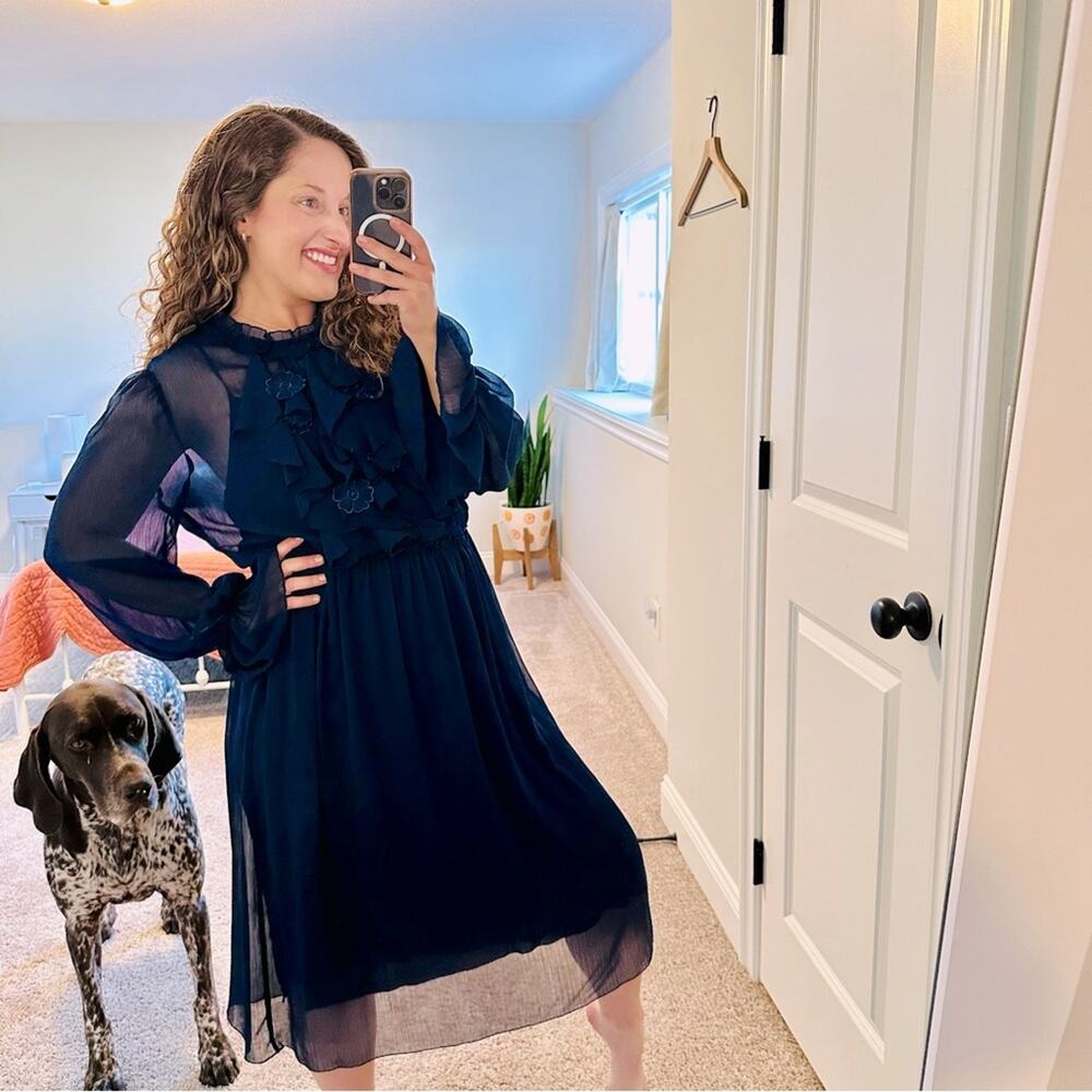 See By Chloe Navy Blue Long Sleeve Floral MIDI Dress Medium